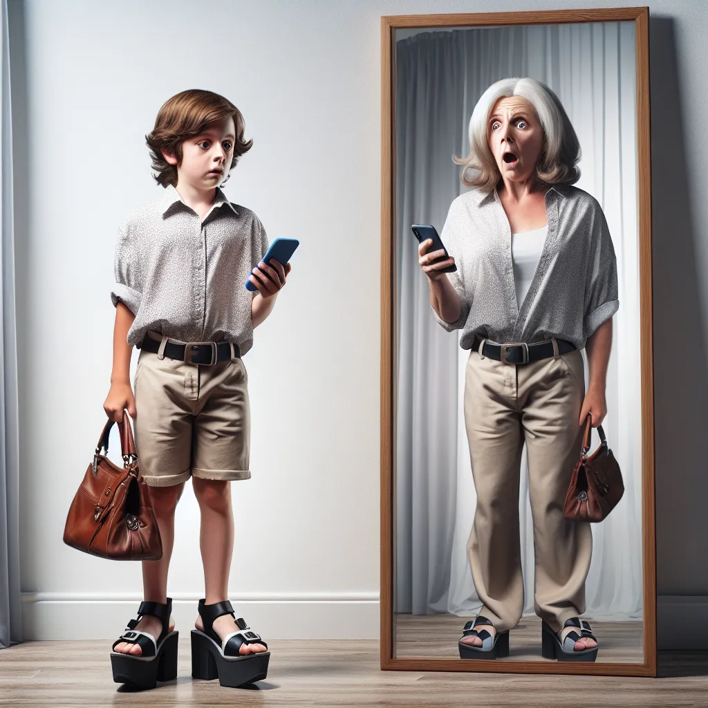 An image of a confused young boy in a skimpy outfit with platform sandals, holding a purse and a phone, standing in front of a mirror with a reflection of a middle-aged woman wearing a cropped tank top. The boy's face shows distress as he realizes his body has been swapped with the woman's.