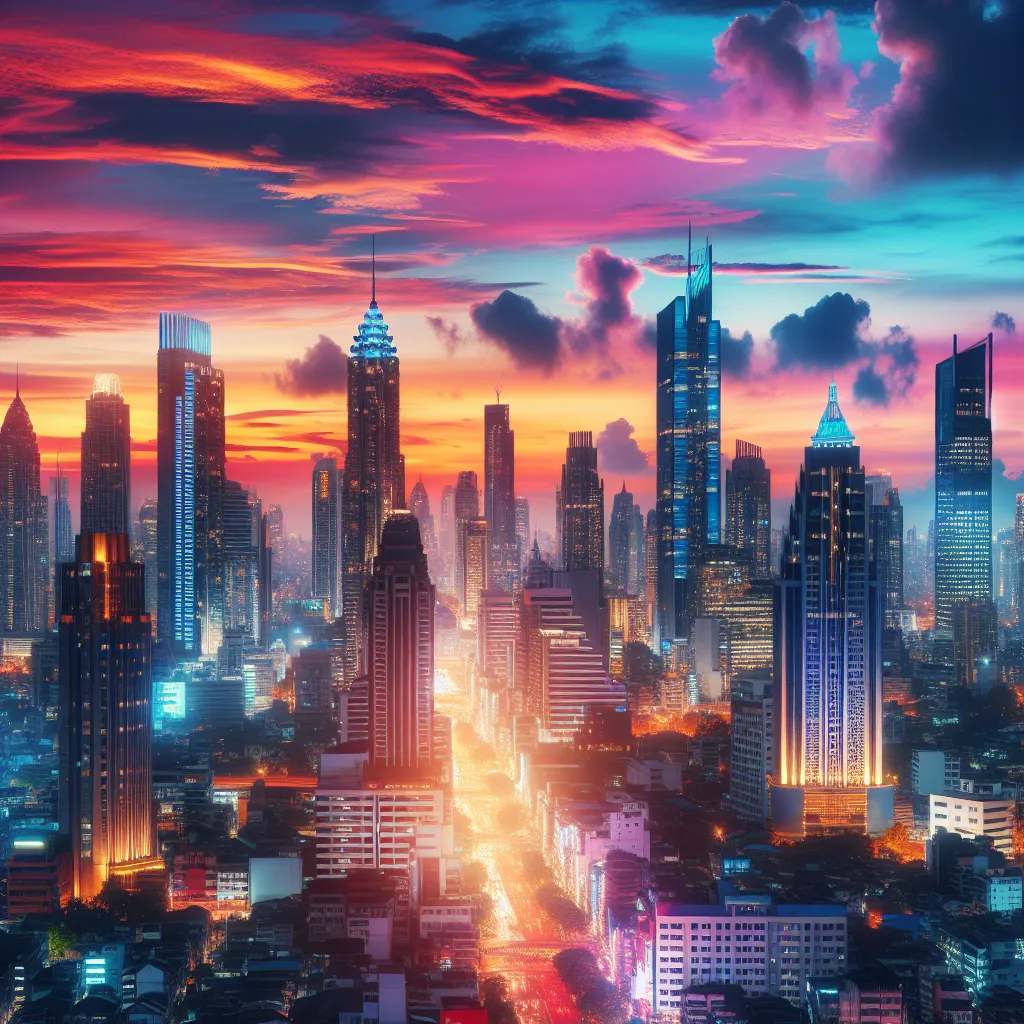 A vibrant city skyline with tall buildings illuminated against a backdrop of a colorful sunset, showcasing the bustling energy and beauty of urban life.