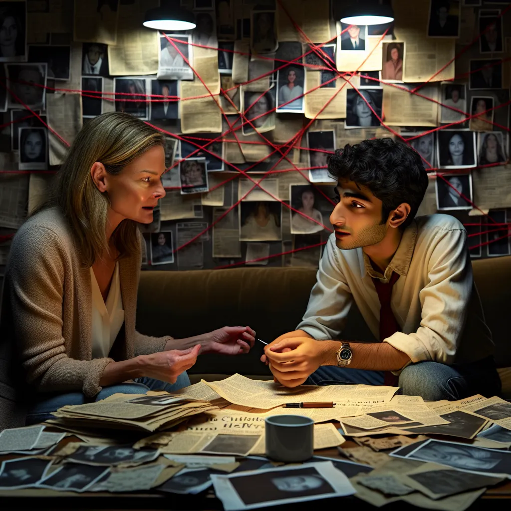 A woman named Caitlin Rivera meets a young, unexpected agent named Welles in her apartment, surrounded by an evidence wall dedicated to her missing sister, Lucia. Welles expresses a genuine interest in Caitlin's meticulous work and a promise to truly investigate. The image will depict Caitlin and Welles in the dimly lit room, surrounded by photos, clippings, and red strings connecting pieces of the puzzle, conveying a sense of mystery and hope in their shared quest for truth.