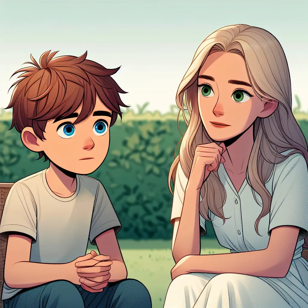 An image that could accompany this story could be a young boy and a woman sitting outside in a backyard, engaged in a serious conversation. The boy should have short, messy brown hair, a bright blue-eyed, and wearing a casual outfit. The woman can have long, straight blonde hair, soft green eyes, and be wearing a bikini with a plain white halter top and matching bottom. The image should convey the emotions of both confusion and determination as they discuss their predicament.