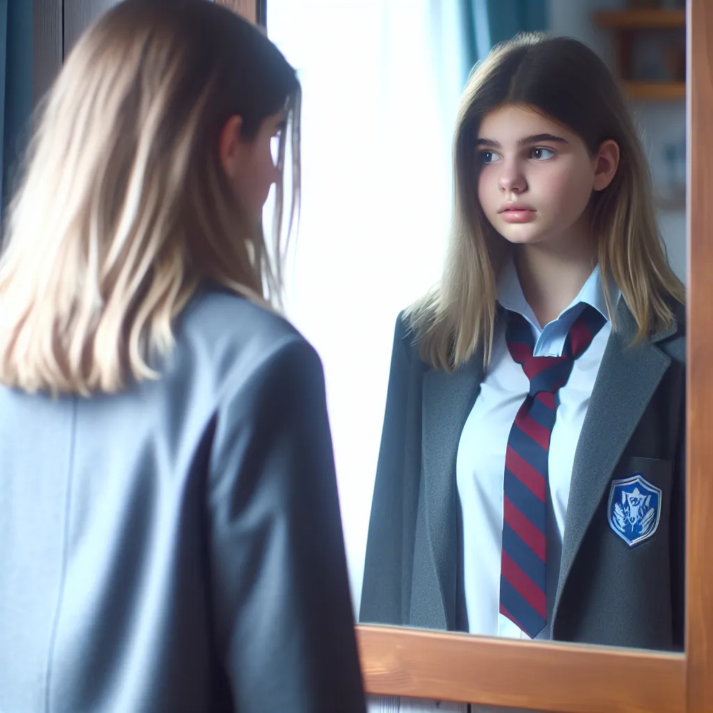 A teenage girl dressed in a school uniform stands in front of a mirror, looking both curious and apprehensive. Her reflection shows her own face, but it is clear that she is actually inside someone else's body.