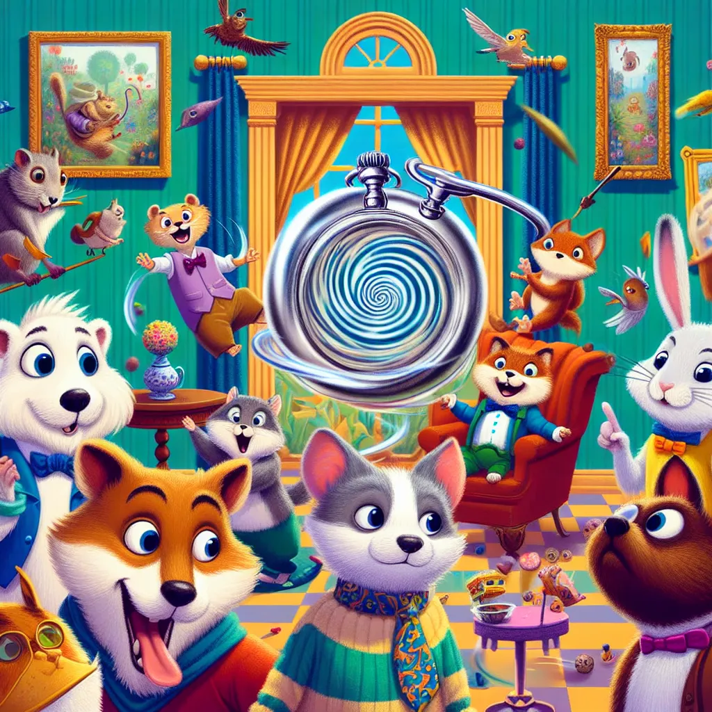 An image of Trip Hamston, a mischievous hamster, swinging a shiny, swirling watch in front of his friends Roxie, Jade, Quincy, Bev, and Edie, as they gather in the pets' common room for a hypnotic prank session. Jade is in a trance, believing she's a dog, while Roxie freezes mid-bounce upon hearing the word "fetch." Bev and Edie are seen after a body-swap, showcasing comical confusion in each other's bodies. The image captures the chaos and laughter that ensues as Trip's pranks escalate, with th