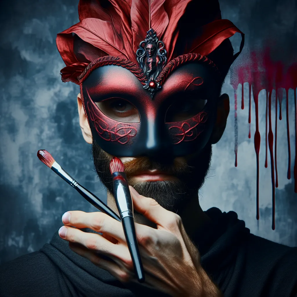 The image will showcase a brooding character in a crimson masquerade mask, embodying the psychological struggle and criminal manipulation depicted in the crime story.