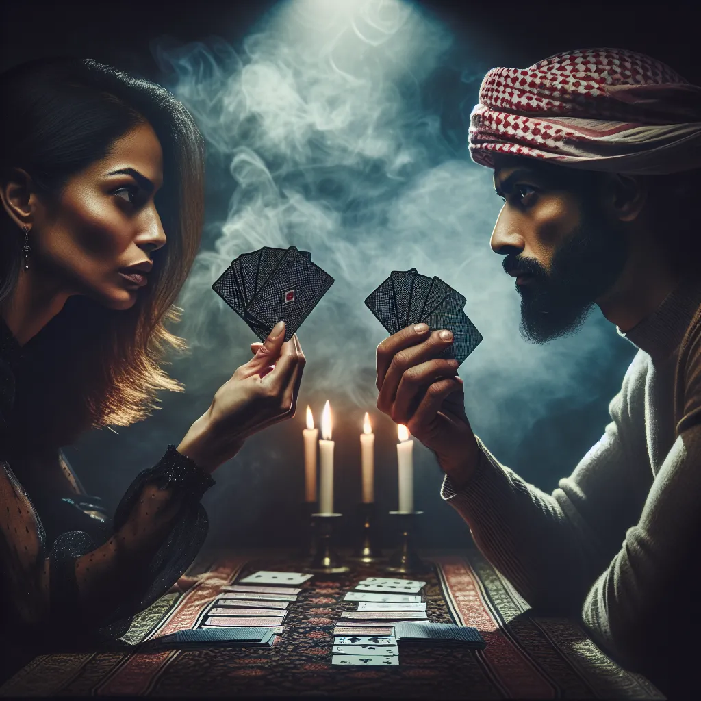 Title: "Shadow Games: A Thrilling Duel in the Dark"
Genre: Thriller

Description: Two intense figures engage in a suspenseful card duel under dim, atmospheric lighting. The players face each other, their expressions revealing their determination and the high stakes of the game. Shadows cast by flickering candles create an air of mystery as their cards hover in midair, surrounded by an aura of dark energy. The tension is palpable as they battle for dominance, their destinies hanging in the balanc