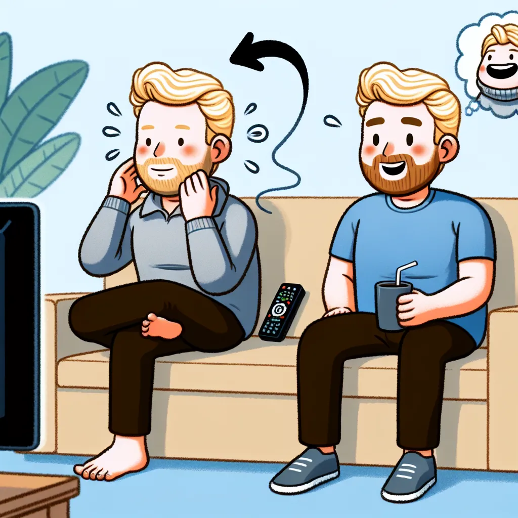 A man named Larry, transformed into a hot blonde bombshell in lingerie, sits on a couch watching TV, completely unaware of the change. His friend, the app developer, struggles to hide his laughter as he engages in conversation with Larry, who remains oblivious to his new appearance.