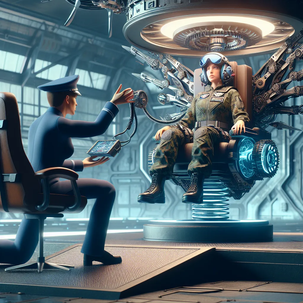 The image should depict the moment when Francesca Lucchini, a young prodigy fighter pilot, is forcibly restrained in a chair while Air Chief Marshall Trevor Maloney, her supervisor, sets the Soul Exchanger machine in motion. The machine, with its intricate gears and monstrous arms, illustrates the dark plot that is about to unfold, as Lucchini's body and soul are about to be swapped with a male soldier. The image should capture the fear and confusion in Lucchini's eyes as Maloney's plan is carri