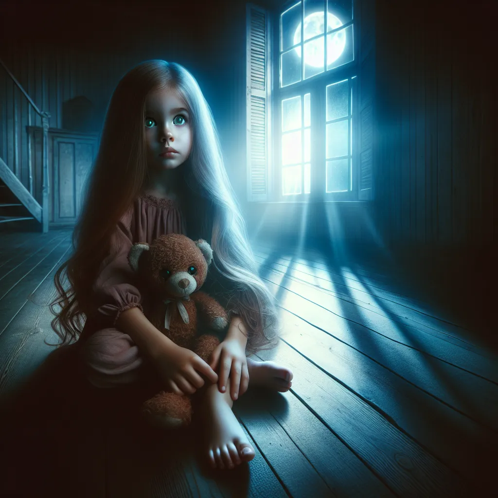 The image accompanying this story could depict a young girl named Courtney, with long flowing brown hair and green eyes, sitting alone in an eerie, empty house, clutching a stuffed animal named Mr. Teddles. The moonlight shining through a window could create a ghostly radiance in the room, adding to the mysterious atmosphere of the story.