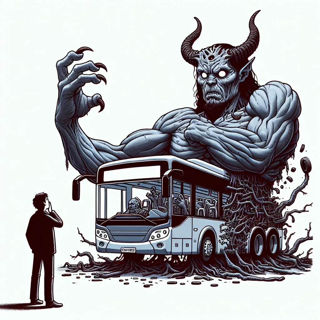 A demonic figure, Alastor, transforms into a monstrous, malevolent bus. His body contorts and merges with metal and tires, leaving no trace of his former self. Charlie, a sorrowful witness, gazes upon the lifeless bus as it represents Alastor's final curse.