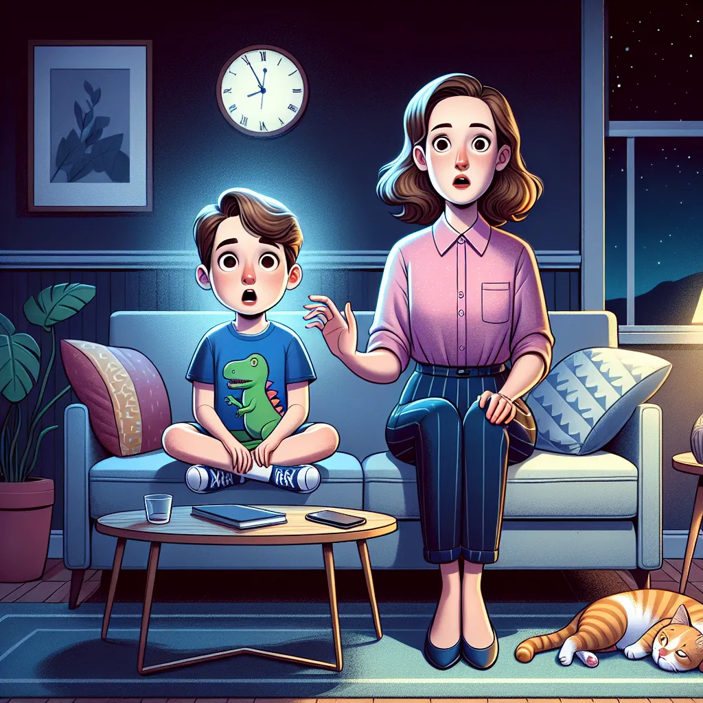 Image depicting a young boy named Oliver James Cartwright and his mother Claire Cartwright, who have magically swapped bodies while sleeping on a couch. Oliver, now in Claire's body, wears a pink blouse and navy slacks, looking bewildered. Claire, in Oliver's body, wears a dinosaur T-shirt and blue shorts, with a surprised expression. The living room setting includes a clock showing midnight, Claire's phone on the coffee table, and a sleeping cat nearby.