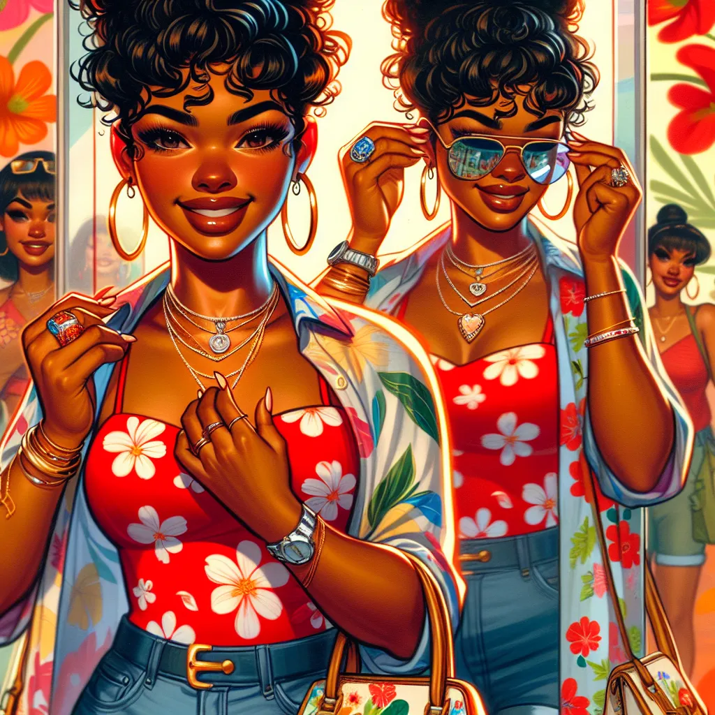 The image that will accompany this story is a colorful and vibrant scene depicting Carmen, the transformed version of Jack. Carmen is shown wearing a red tank top with white floral designs, blue denim shorts, and feminine flip-flops with a floral pattern. She has a confident and happy expression, with her dark, curly hair styled in a bun. Carmen is shown wearing various pieces of jewelry, including hoop earrings, a gold necklace, a silver bracelet, a watch, and a wedding ring. She is carrying a 