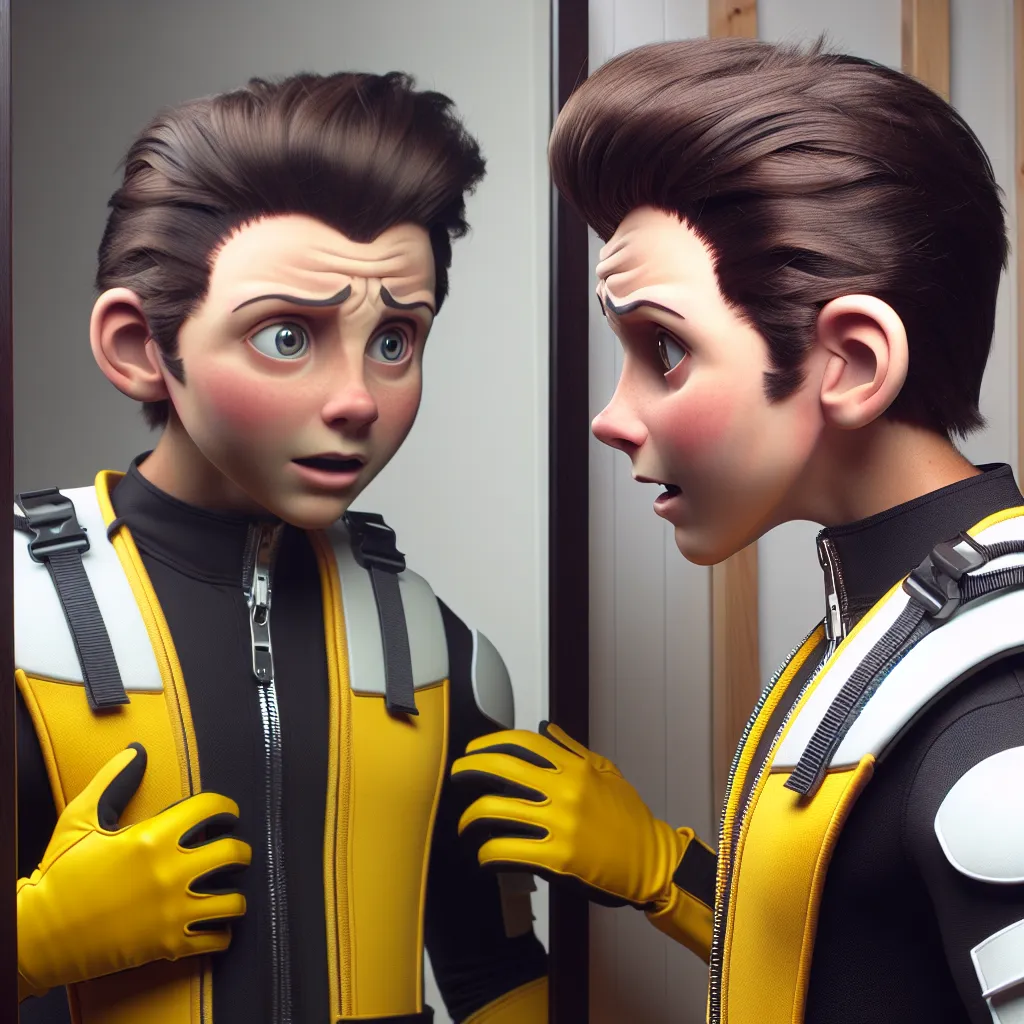 An image of a teenager with the head of a boy and the body of Baby Vegeta in his second form, dressed in a black jumpsuit with white chest armor, a yellow sleeveless jacket, and matching yellow gloves and boots. The teenager looks at their reflection in the mirror with excitement and disbelief.