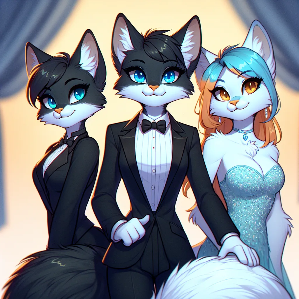 A tuxedo anthro cat girl named Whisper stands proudly, her sleek black fur and striking blue eyes accentuating her feline features. Beside her stands her sister Kiara, transformed into a stunning aqua blue anthro cat girl. Their mother, Lora, joins them, her radiant orange fur and fluffy tail matching her daughters' elegance. They embrace their newfound identities, a family united in their divinely beautiful feline forms.