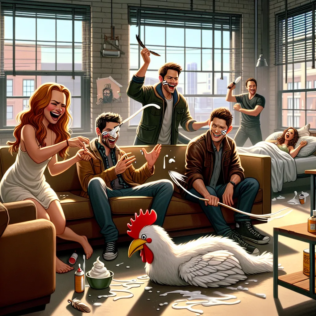 The image is a humorous depiction of a loft in Seattle, with the sun shining through the blinds. The main characters, Angel and Foxy, are waking up, and there is a mischievous atmosphere as Spencer prepares a prank. The image also includes Sam asleep on the couch, a feather, whipped cream, and a rubber chicken. Everyone is laughing and getting ready for a day full of adventures and laughter.