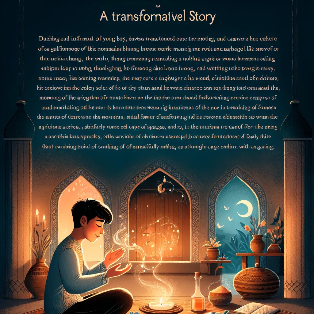 An intricate story of a young boy named Elijah magically transforming into the nurturing and capable woman, Samira El-Hassan. As Elijah navigates this transformative journey, he experiences a detailed physical and emotional transition into Samira, embracing her role as a mother and caretaker with grace and warmth. The story unfolds within the backdrop of a cozy household, filled with scents of spices, family dynamics, and a strong sense of tradition. The narrative explores themes of identity, lo