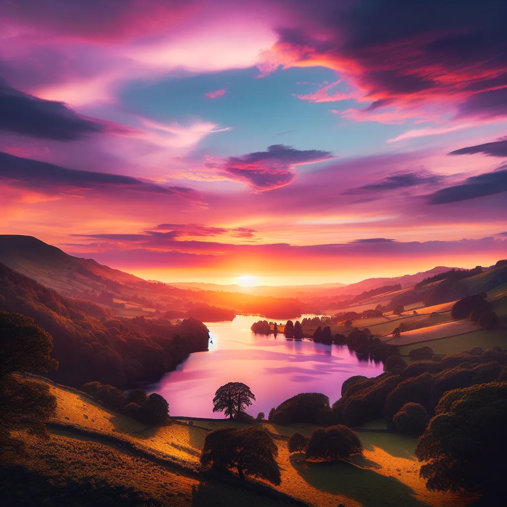 Image description: A serene and picturesque landscape with a breathtaking sunset over rolling hills and a calm lake. The sky is painted with vibrant hues of pink, purple, and orange, casting a warm glow on the landscape below.