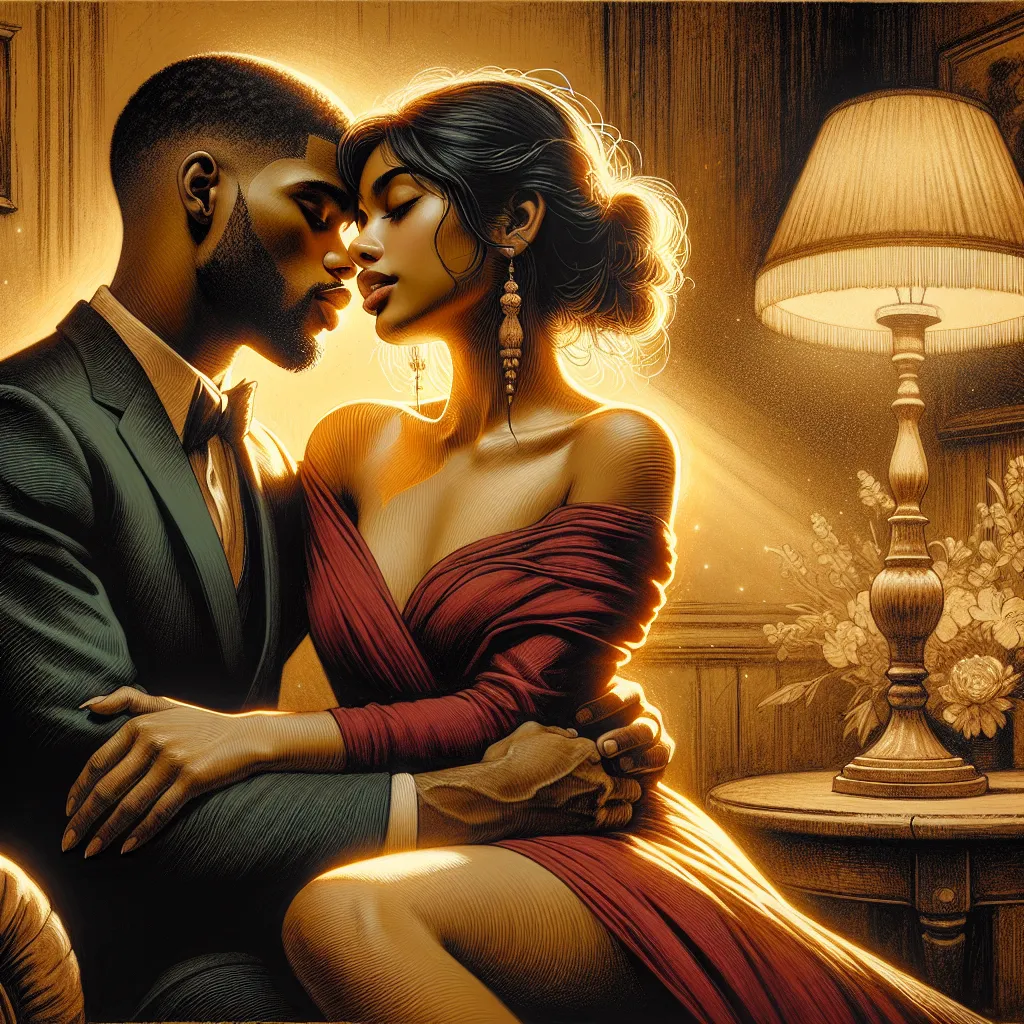 A tender and intimate embrace between two lovers, with soft golden lamplight illuminating their passion and desire, as they share a moment of fiery connection and longing.