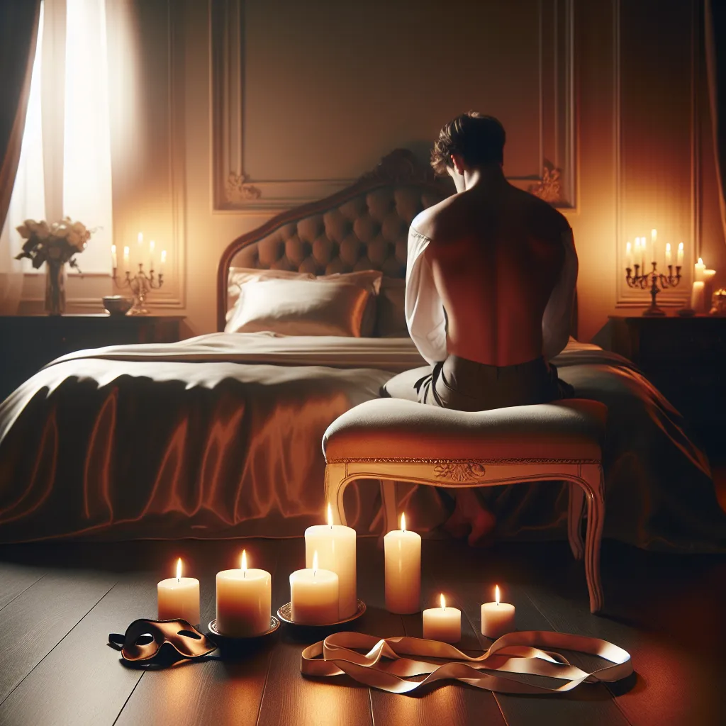 Description: An image of a dimly lit bedroom with candles casting a soft glow. Lying on a bed adorned with satin sheets and blindfolded wrists, a figure, bound with grace and longing, waits in anticipation for their lover's return.