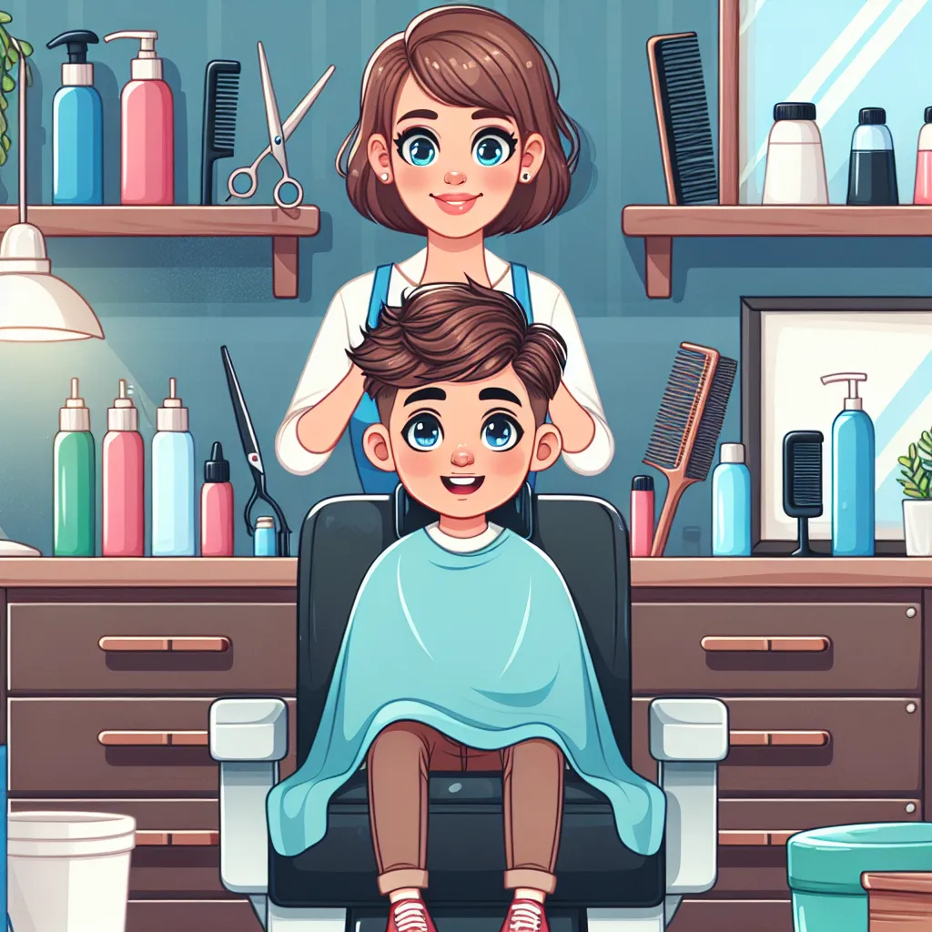 An image is generated representing a boy and a woman in a hair salon. The boy is sitting in a barber chair, looking eagerly at the woman, who is standing behind the counter. They are surrounded by hairdressing tools and products.