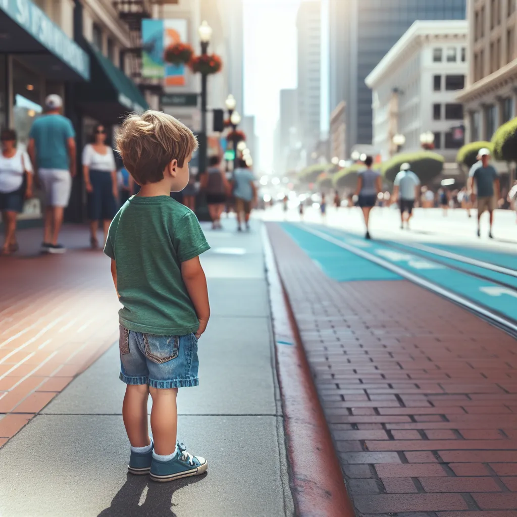 The image accompanying this story depicts a 5-year-old boy named Riley Thompson, standing alone on a busy sidewalk in San Francisco. He is wearing a green T-shirt and blue denim shorts, with his small feet padded along the sidewalk. The city is bustling with people, and the sun is shining.