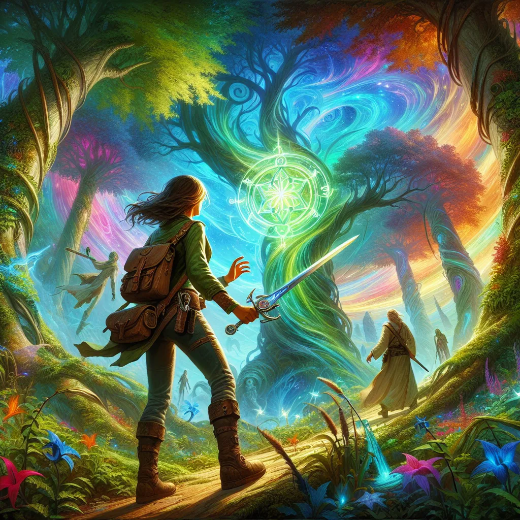 An adventurer named Kira stands in a mystical forest, holding a sword and surrounded by vibrant greenery. She approaches a glowing sigil on a tree trunk and is transported to a breathtaking realm with a swirling, colorful sky. In this new world, she encounters an ethereal being who informs her of a great danger threatening multiple worlds. Determined and prepared for any challenge, Kira sets off on a journey that will shape the fate of reality.