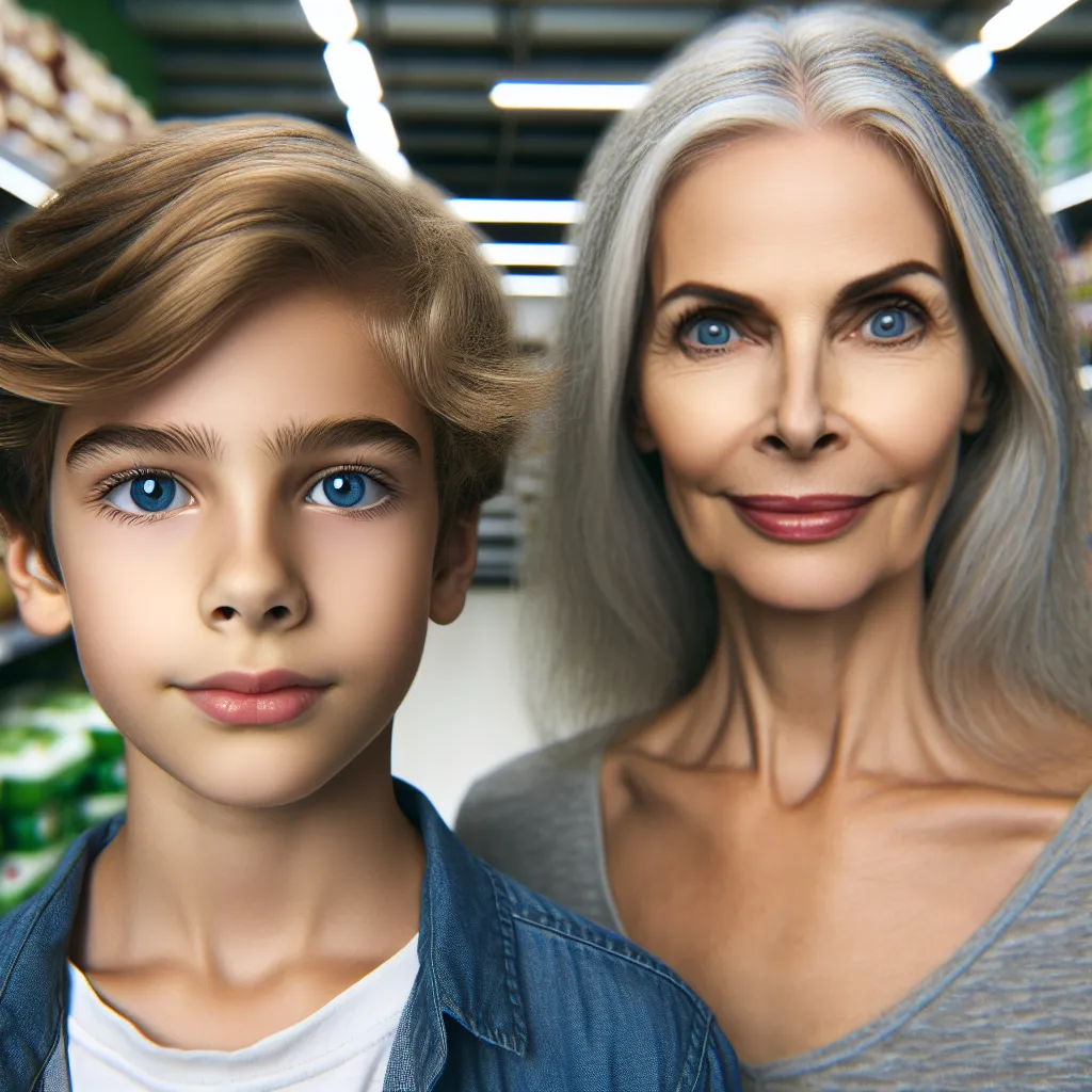 An image of a young boy and an older woman standing in a grocery store aisle. The boy has blonde hair and blue eyes, while the woman has graying hair and piercing blue eyes. The boy looks shocked and confused, while the woman appears satisfied and confident.