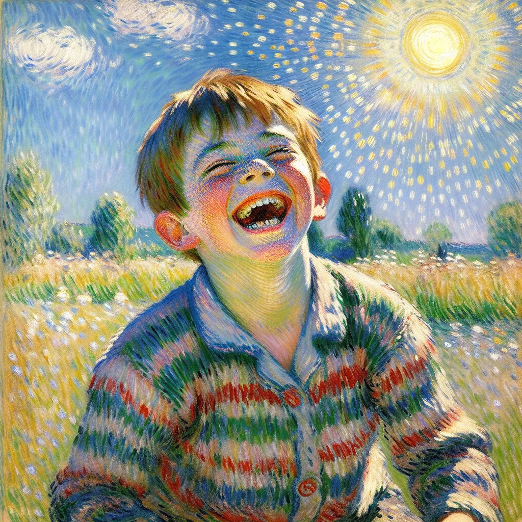 Certainly! Here are 5 words related to the plot elements you provided: 

1. Boy
2. Happy
3. Laugh
4. Play
5. Sun in the style of Monet