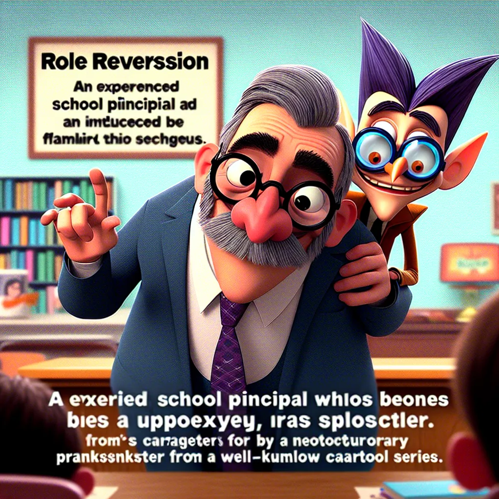 A whimsical depiction of a role reversal scenario, where a principal finds themselves becoming the caregiver for a character inspired by Armin Tamzarian from "The Principal and the Pauper" episode of The Simpsons. Expect laughter in this humorous twist on a memorable episode.