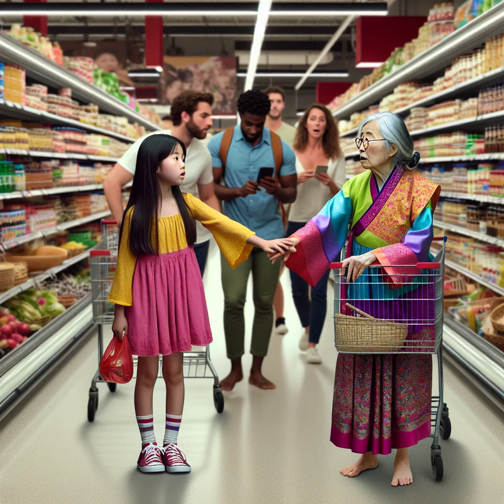 A young Korean daughter notices her "mom" attempting to leave barefoot and stops her in a bustling grocery store.