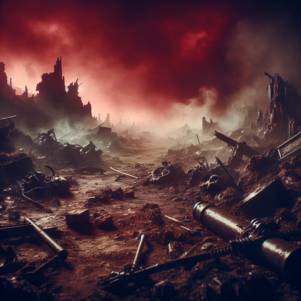 An image depicting a desolate battlefield in Hell, with broken weapons and debris scattered across scorched earth. Smoke rises from the ground, and in the distance, there are remnants of infernal architecture. The sky above is blood-red, casting an eerie glow over the scene.