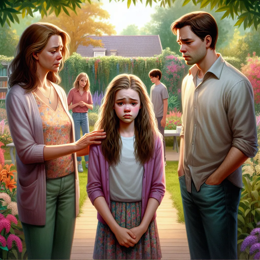 Description: The image shows a young girl named Lily, surrounded by her parents, Olivia and Michael, in her bedroom. Lily, with tears streaming down her face, stands in the center, while her mother embraces her in a comforting hug. Lily's father stands in the doorway, looking concerned. The room is adorned with posters and has a cozy, youthful atmosphere. The image captures a moment of support and understanding as Lily's parents comfort her after her first period, symbolizing the beginning of he