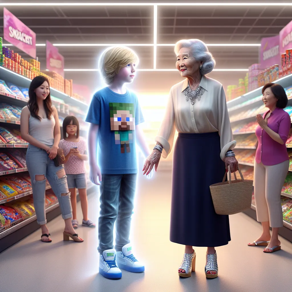 A softly lit supermarket snack aisle scene showing a shimmering, translucent figure of a young white boy with sandy blond hair, wearing a blue Minecraft t-shirt, jeans, and light-up blue sneakers, fading into the form of an elderly Vietnamese woman dressed elegantly in a cream blouse and navy skirt, adorned with cherry red nail polish, silver jewelry, and delicate silver platform sandals. Nearby, a group of smiling Vietnamese women in colorful, casual clothing converse in the aisle, one gently h