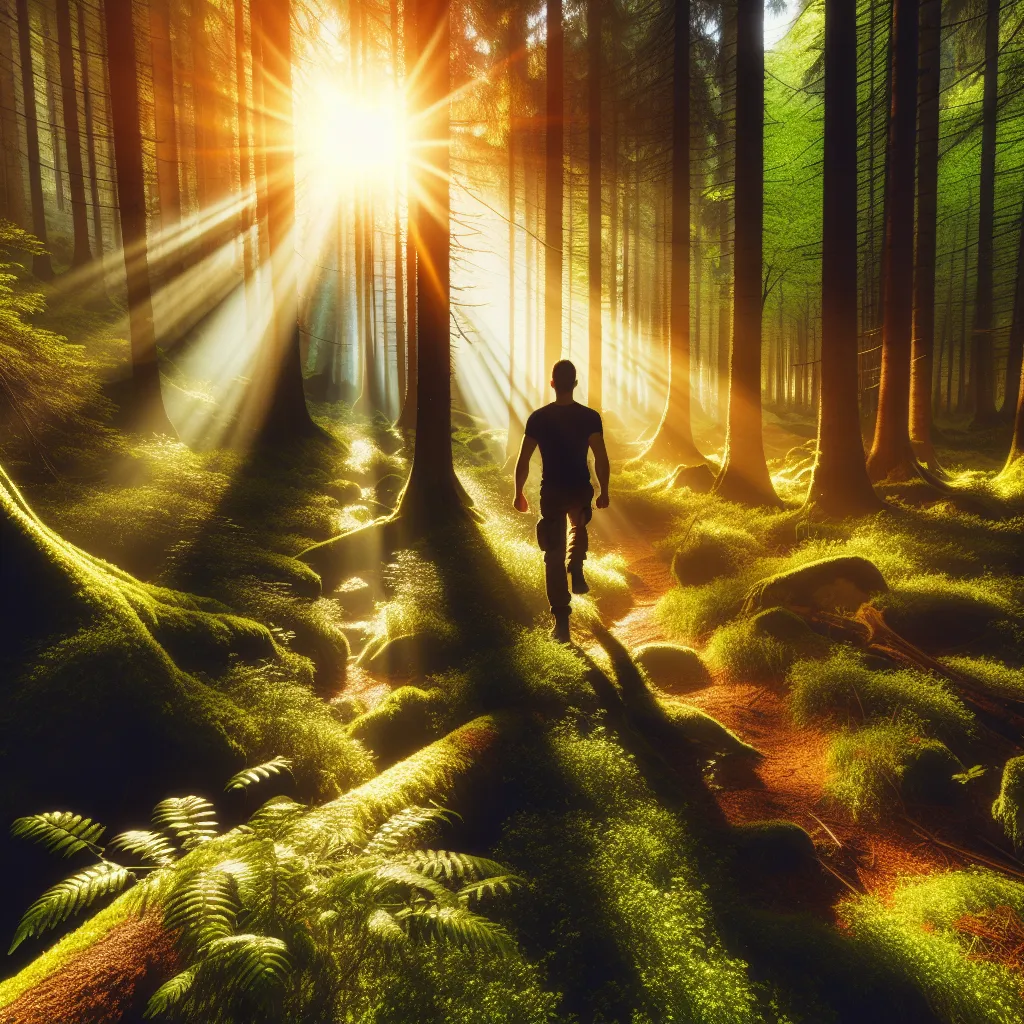 A person walking through a lush, sun-dappled forest with a sense of wonder and adventure.