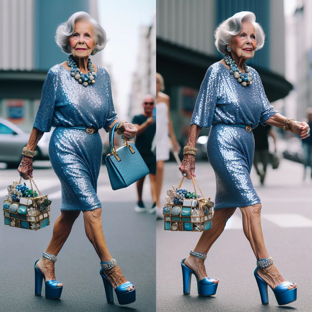 A 74-year-old woman named Hyun-Jae, dressed in a sparkling blue dress and platform sandals, walks confidently on the street. She carries a matching blue purse filled with expensive items and wears jewelry that catches the light. Her hair is styled in a sleek bob, and her makeup accentuates her rosy complexion. Hyun-Jae embodies elegance and grace as she navigates the world, oblivious to her previous identity as a 10-year-old boy named Jacob.