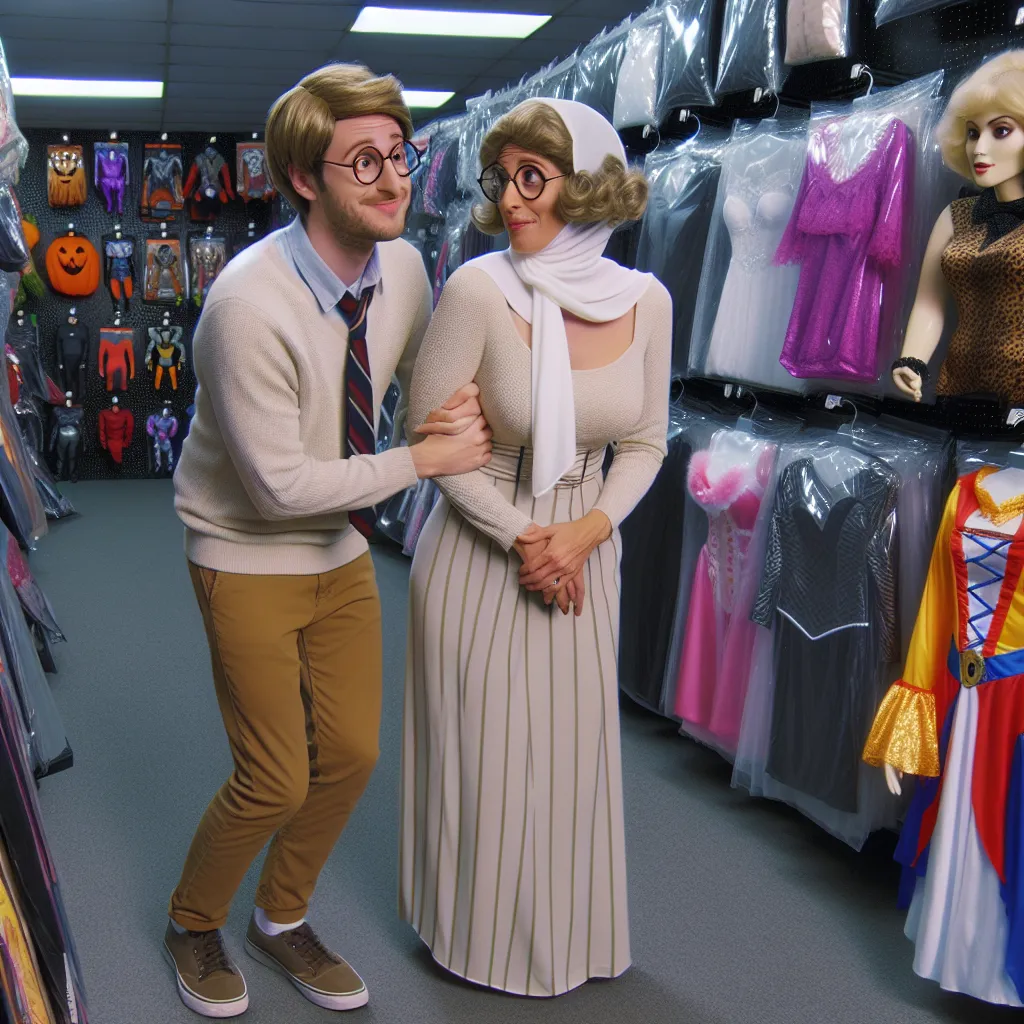 A humorous Halloween tale of body-swapping shenanigans featuring a nerdy/sexy twist. Imagine a scene in a costume store with Owen embodying Mrs. White, exploring risqué costume options with plenty of cleavage and playful banter.