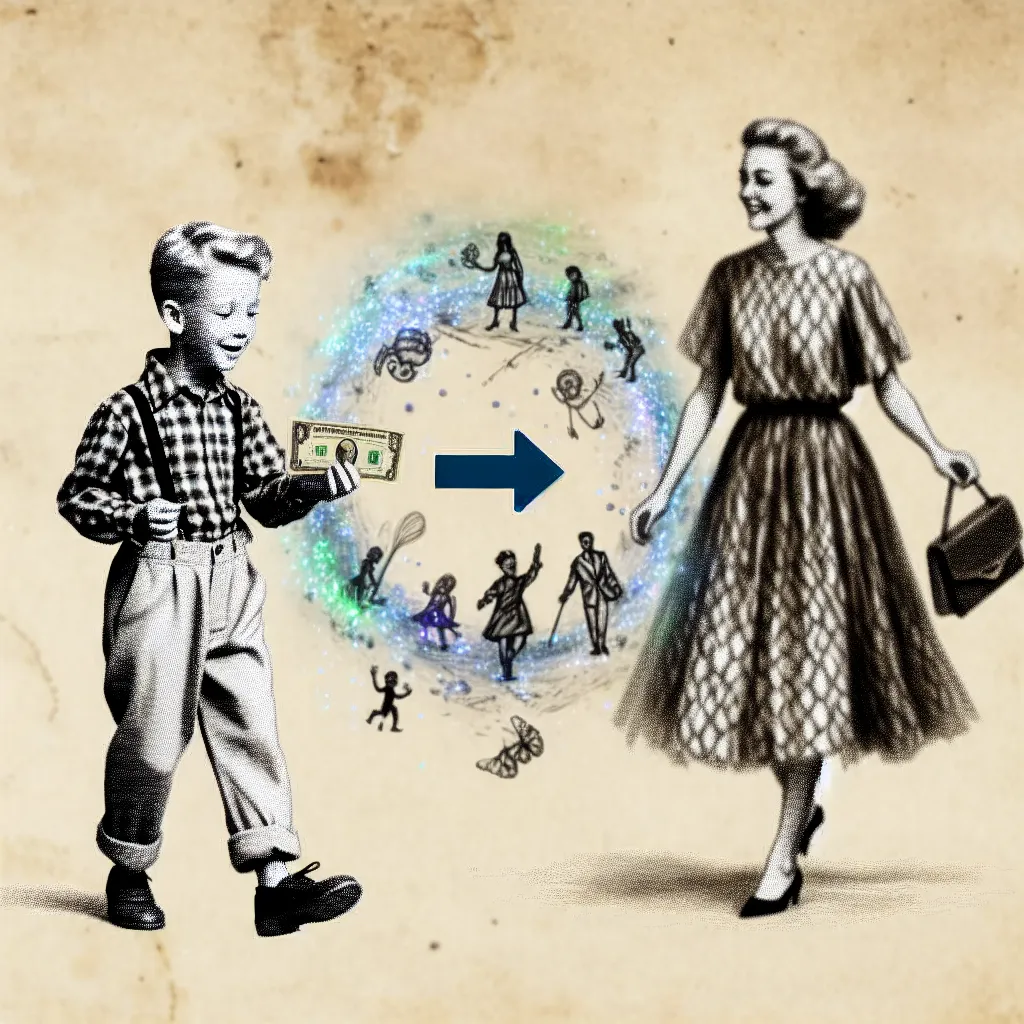 A young boy named Evan, holding a crumpled $5 bill, encounters a stylish woman named Millie Green, transforming unwittingly into a duplicate of her from the feet up, complete with glam attire and accessories.