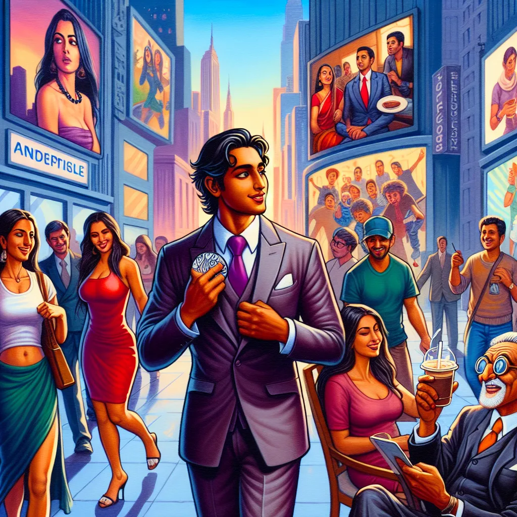 The image is of a young man standing in the midst of a bustling city street, where the roles of men and women have been completely reversed. Women are confidently catcalling and pursuing men, while men engage in animated conversations about reality TV and gossip over cups of coffee in trendy cafes. The man, filled with curiosity and amusement, takes in the surreal and playful nature of this transformed world, holding a mysterious coin in his hand as he contemplates his next wish.