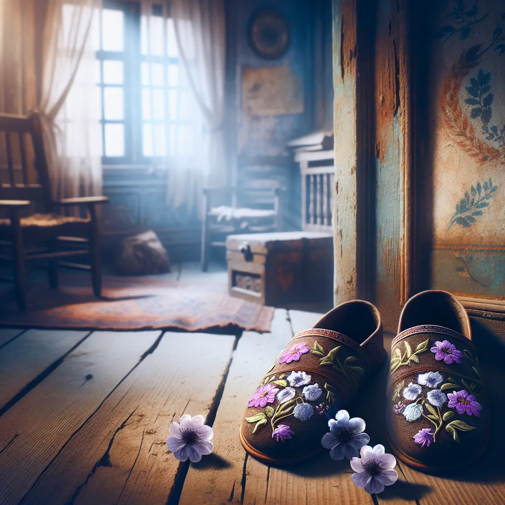 A poignant tale of transformation and loss in the town of Willowridge as Claire Carter struggles with the inexplicable disappearance of her son Jamie, gradually transforming into him. The image shows a pair of sandals, embroidered with violet blossoms, symbolizing the mysterious connection between Jamie and Claire.