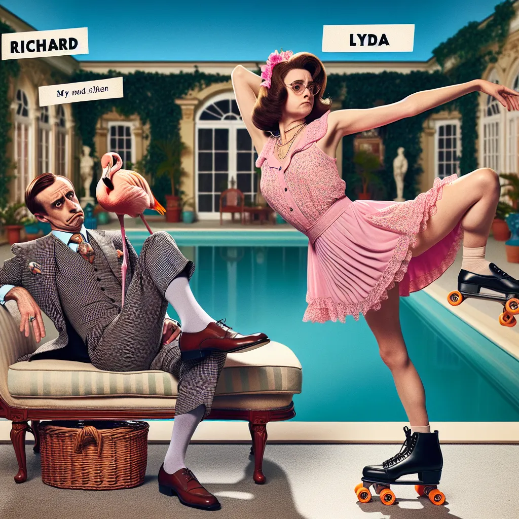 A humorous image featuring two characters, Richard (formerly known as Greg) and Larry (now Lydia), posing comically in their extravagant mansion. Richard, wearing a suit, lounges on a chaise lounge by the pool, while Larry, in a bikini top and heels, attempts to pose seductively but ends up looking like a drunk flamingo on roller skates.