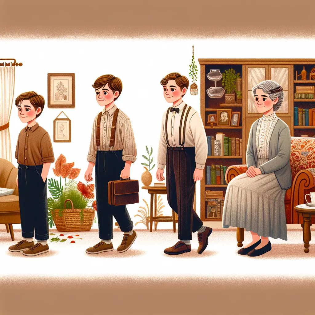 The image will depict a transformation scene from boy to mature woman, capturing the moment when young Oliver is turning into the older Dorothy Williams, showcasing the change in clothing, hairstyle, and accessories in a cozy living room setting.
