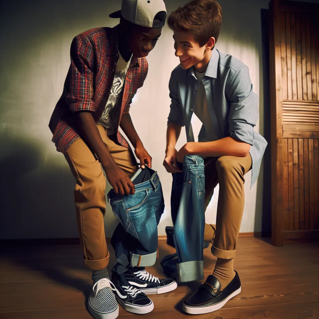 The image will depict two teenage boys, one dressed in skater attire and the other in more preppy clothing, exchanging clothes in a small dimly lit room. They both have grins on their faces as they prepare for their daring experiment.