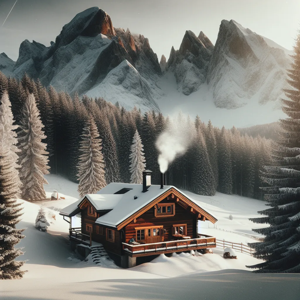 Description: A serene, isolated cabin nestled in a snowy landscape, surrounded by tall trees and mountains in the background. Smoke gently rises from the chimney, welcoming visitors to a warm and cozy retreat.