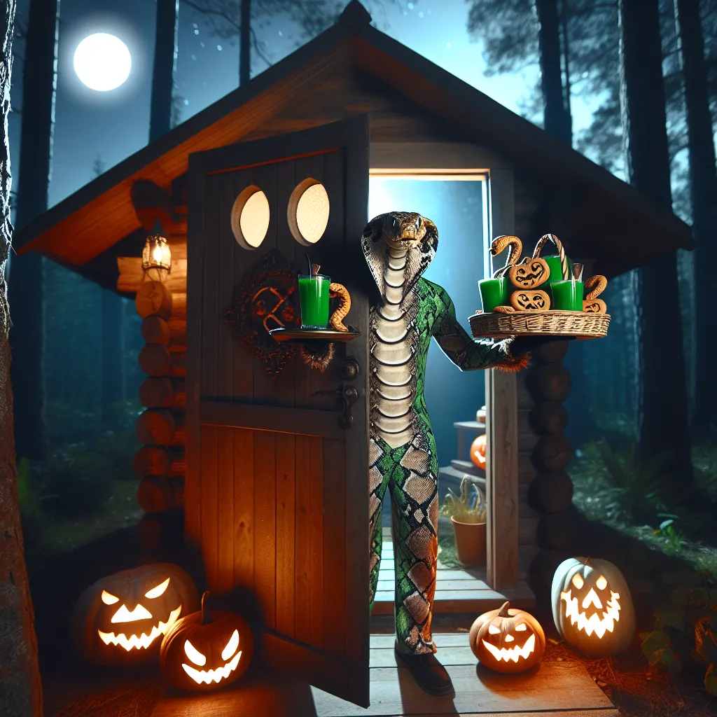 A mysterious figure in a stunning snake costume stands at the door of a cabin in the moonlit woods, holding a tray of green drinks and hilariously misshapen cookies. The cabin, adorned with carved pumpkins, awaits her knock as the midnight revelry unfolds.