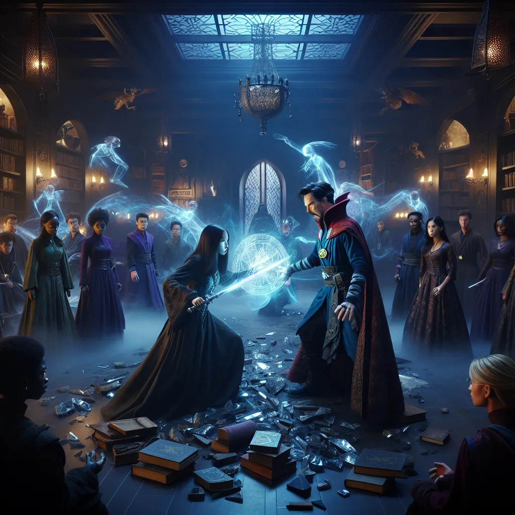 In Dr. Strange's arcane academy, Mutant Magik confronts shadows lurking within. With her luminous Soulsword, she shatters a mirror, releasing spectral forms that threaten the delicate balance of trust among friends. As she grapples with her actions, a dilemma unfolds: confront the consequences or vanish into the darkness of the school, her fate hanging on a knife's edge.