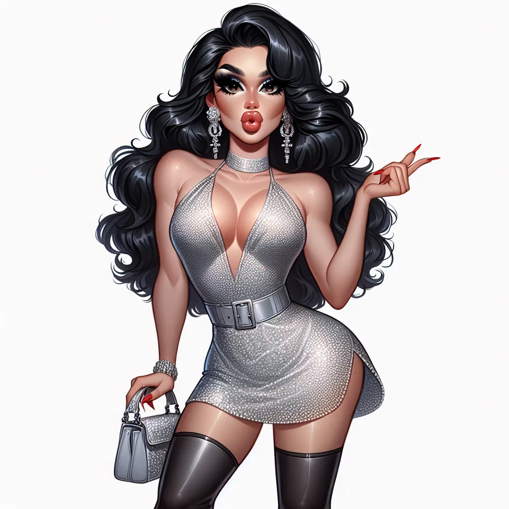 An image of a confident, glamorous drag queen in a sparkling silver halter top and miniskirt, wearing platform sandals and holding a stylish purse. They have long, wavy black hair, perfectly manicured red nails, and are blowing a kiss towards the camera.