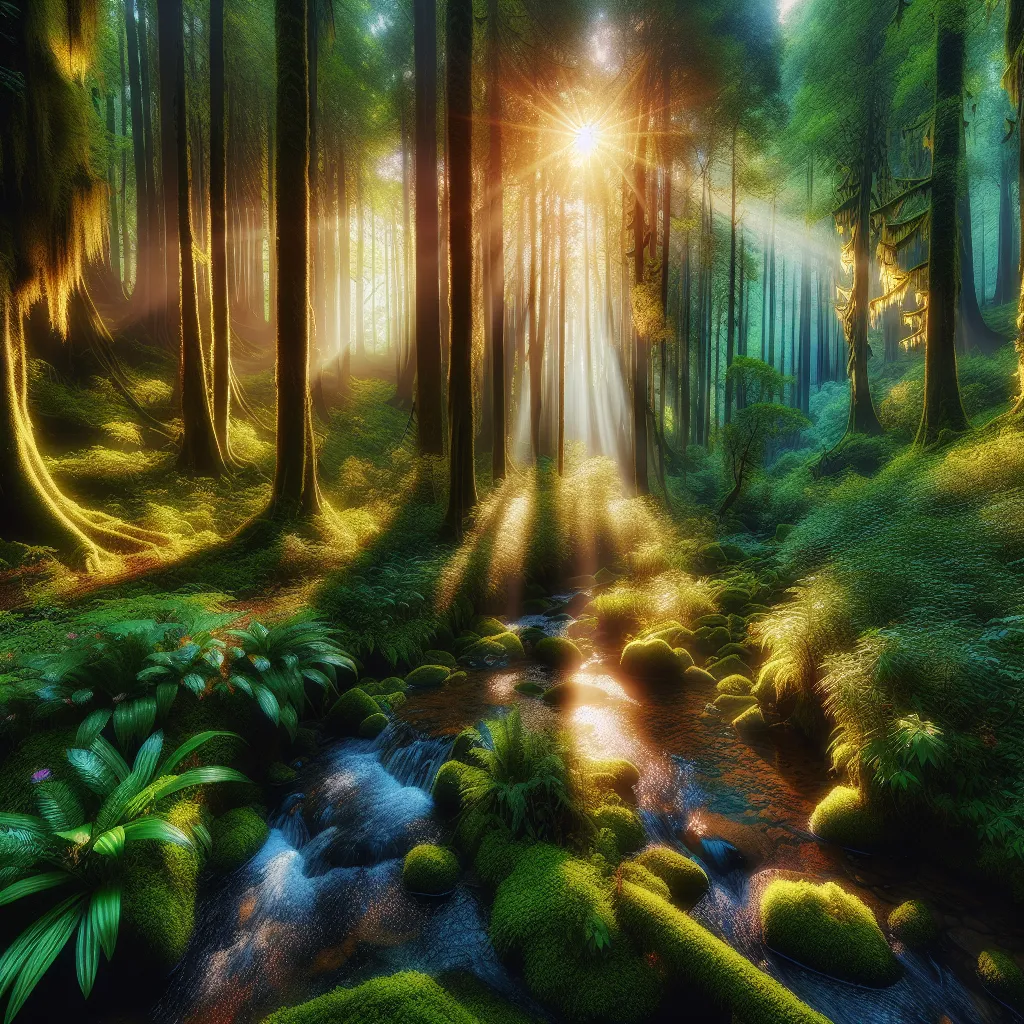 Title: "The Mystical Forest Retreat"

Description: A stunning scene depicts a dense forest with towering trees, bathed in warm sunlight. Rays of light filter through the canopy, creating an ethereal atmosphere. A small, tranquil stream meanders through the forest, its crystal-clear water sparkling in the sunlight. Lush greenery carpets the forest floor, dotted with colorful wildflowers and moss-covered rocks. A sense of tranquility and serenity permeates the scene, inviting viewers to immerse th