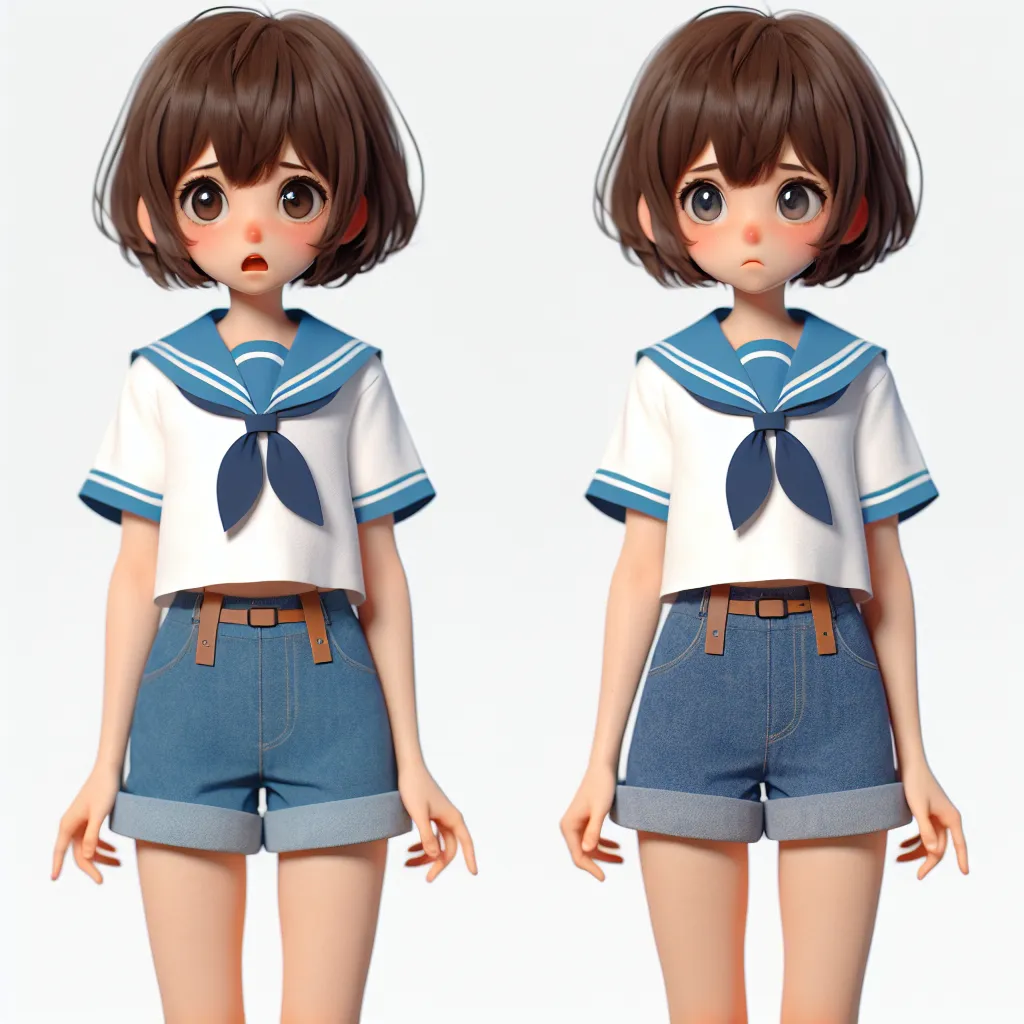Description: A young girl with short brown hair and innocent eyes stands in a white sailor uniform and blue swimsuit, looking disoriented and uncomfortable. Her body language and the revealing outfit hint at a deeper story of transformation and identity struggles.