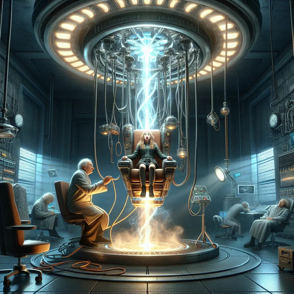 The image displays a clandestine laboratory with a large, ominous device known as the Soul Exchanger. The chamber is filled with medical chairs, restraints, and intricate machinery. Air Chief Marshal Trevor Maloney, sinister and calculating, sits in one chair while Francesca Lucchini, a young witch, is restrained in the other. Beams of light arc between the chairs as Francesca's essence is forcibly ripped from her body. Smoke rises from the device's core as the exchange is completed, leaving Tre