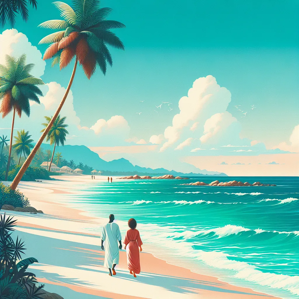 A serene beach scene with turquoise waters, palm trees, and a couple walking hand in hand along the shore, creating a feeling of tranquility and romance.