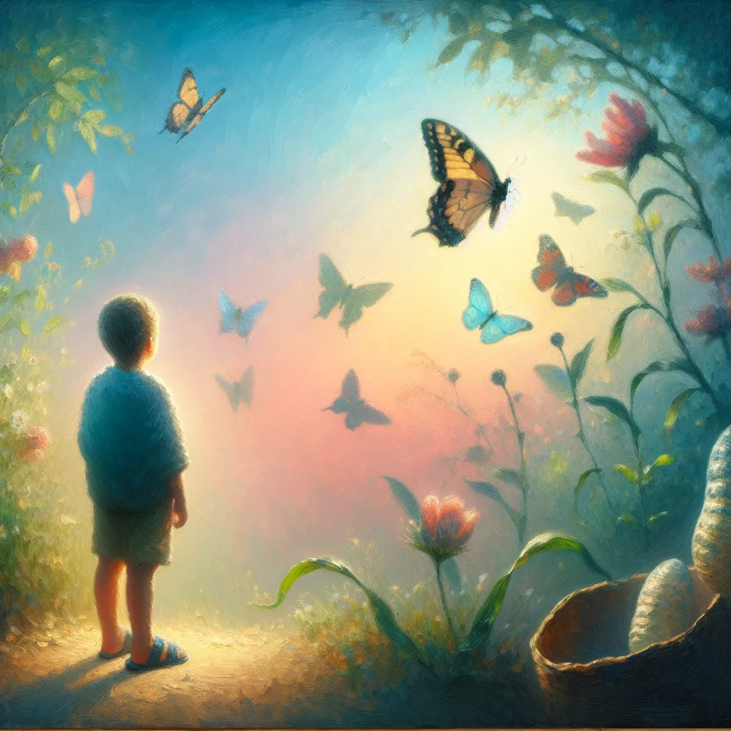 Child, Transformation, Sandals, Butterfly, Identity in the style of Monet