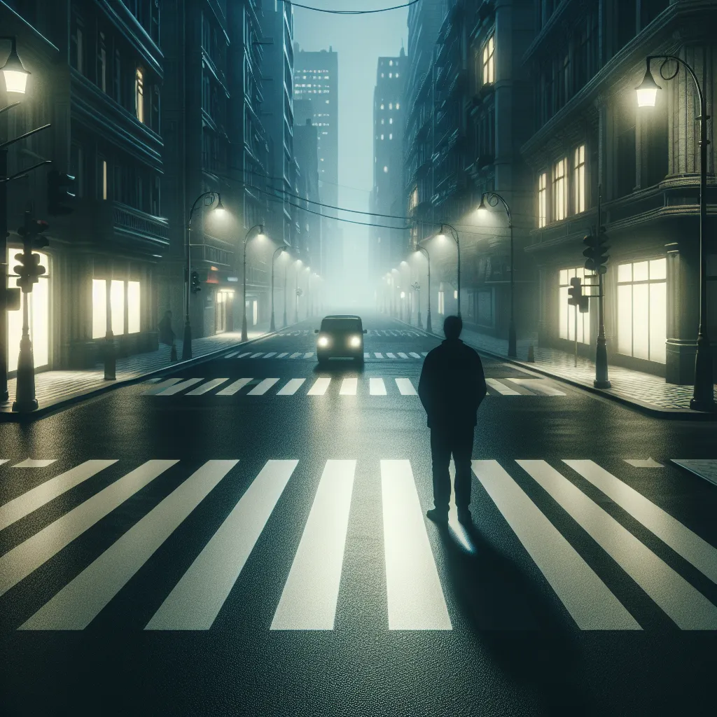 An image depicting a person standing at a crosswalk, lost in thoughts, with dim streetlights illuminating the empty streets.